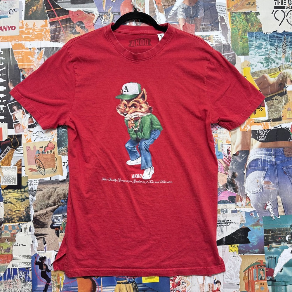 AKOO‎ Red Graphic T Shirt Fox Cartoon Character Hip Hop Style Men's Medium